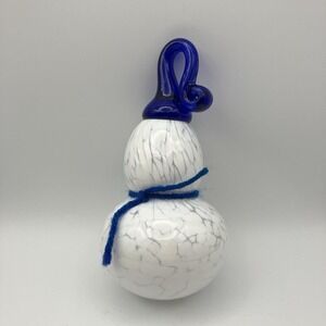 Glass Snowman Handblown Ornament Sculpture White Marbled / Blue Hat Christmas